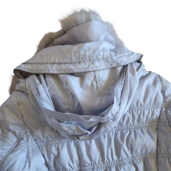 Naf Naf Silver Snap Front Zip Jacket Real Fur Detachable Packable Hood Small - Picture 7 of 12